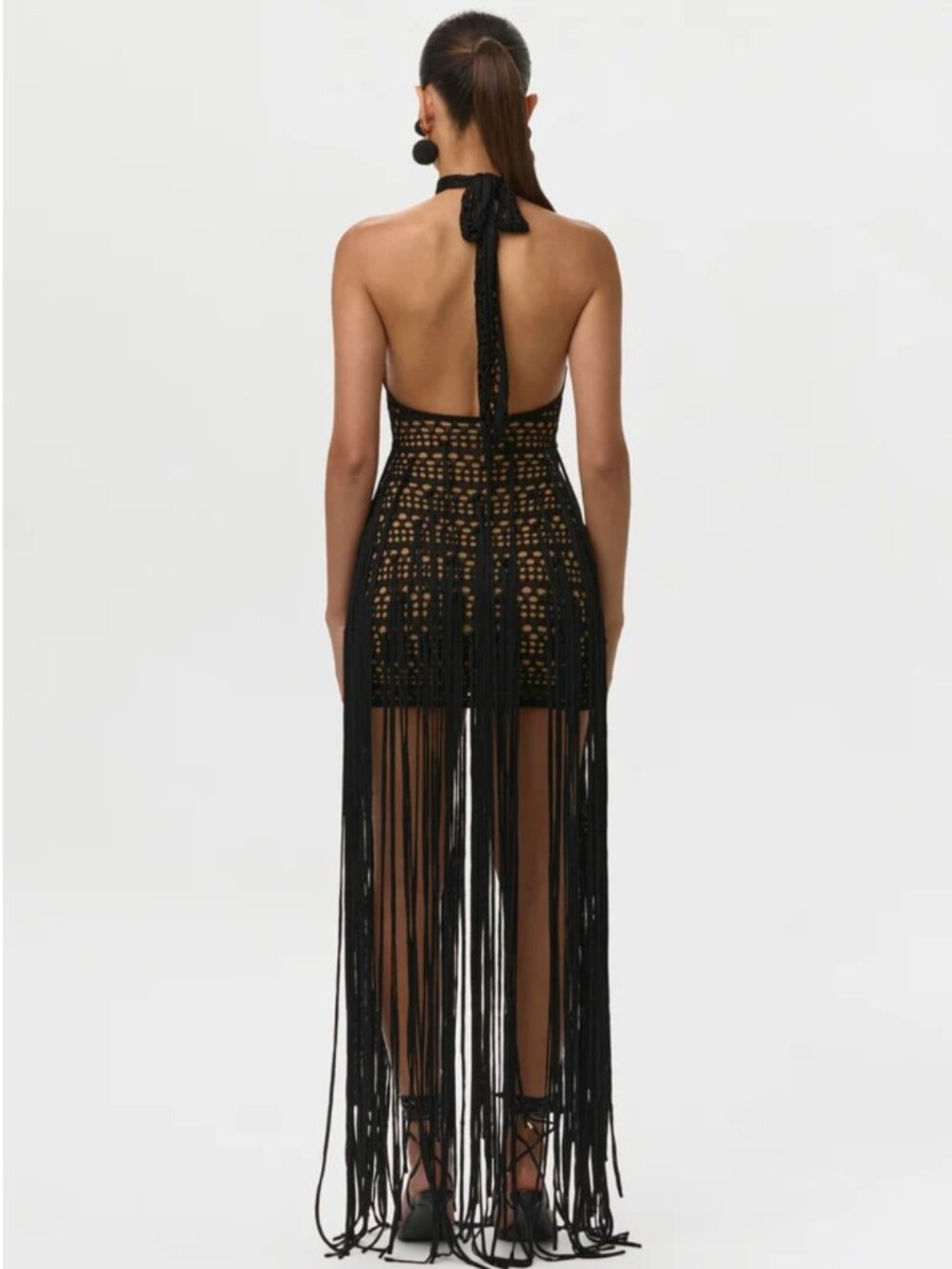 Naked Wardrobe - Crochet Fringe Halter Mini Dress - Picture 2 of 6